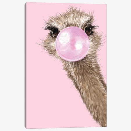 Ostrich With Bubble Gum In Pink Canvas Print #BNW115} by Big Nose Work Canvas Wall Art