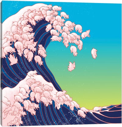 Piglets Waves Canvas Art Print - The Great Wave Reimagined