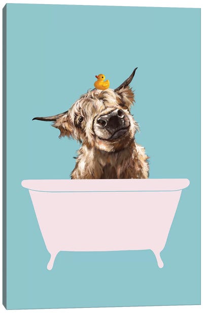 Playful Highland Cow In Bathtub Canvas Art Print - Bathroom Humor Art