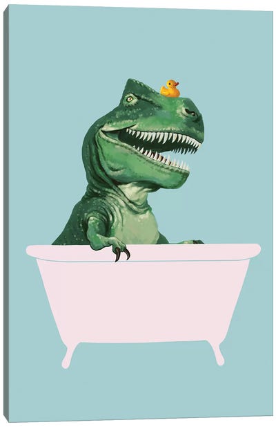 Playful T Rex In Bathtub In Green Canvas Art Print - Art Gifts for Kids & Teens