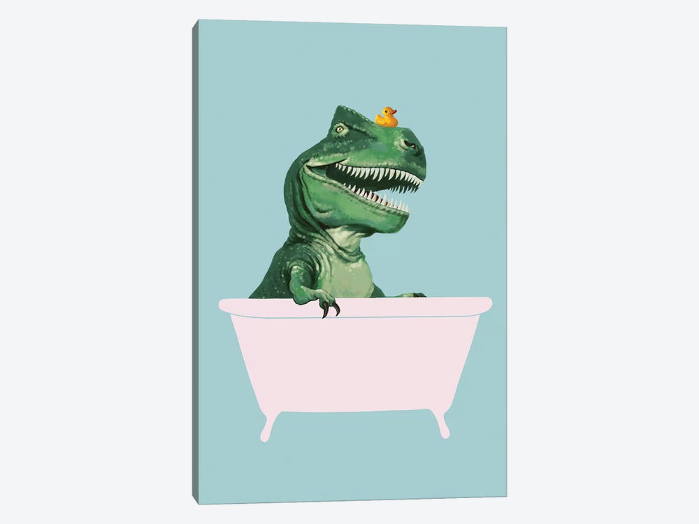 Playful T Rex In Bathtub In Green 1-piece Canvas Art Print