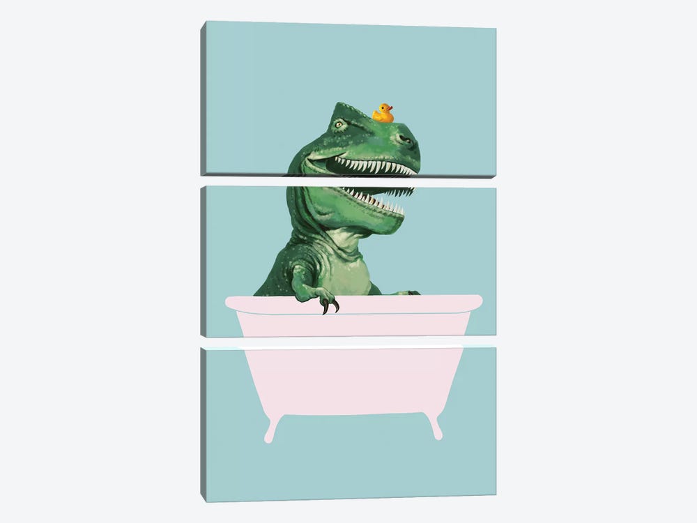 Playful T Rex In Bathtub In Green by Big Nose Work 3-piece Canvas Art Print