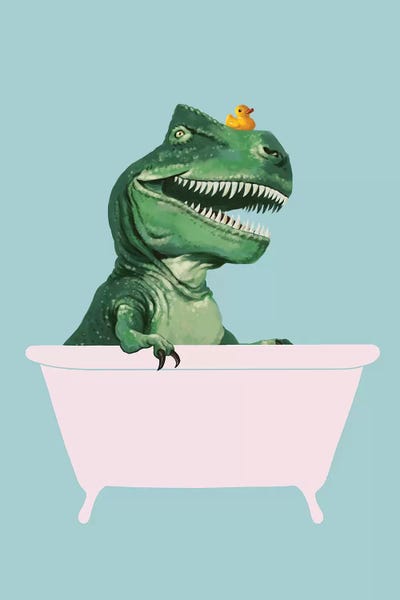 Prehistoric Animals: Playful T Rex In Bathtub In Green by Big Nose Work
