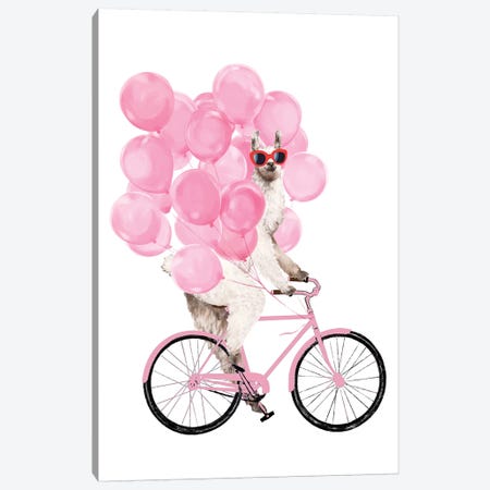 Iding Llama With Pink Balloons Canvas Print #BNW121} by Big Nose Work Canvas Artwork