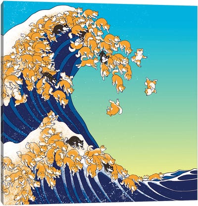 Shiba Inu In Great Waves Canvas Art Print - Humor Art
