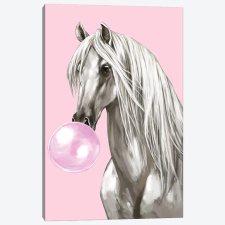 White Horse With Bubbble Gum In Pink Canvas Print #BNW127} by Big Nose Work Canvas Art Print