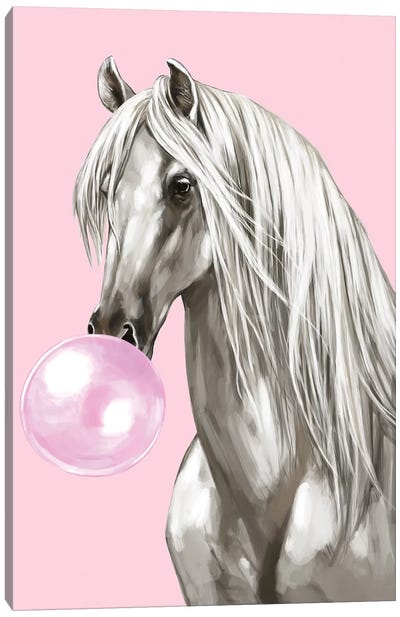 White Horse With Bubbble Gum In Pink Canvas Art Print - Candy Art