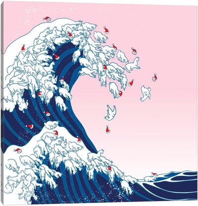 Christmas Llama Great Waves In Pink Canvas Art Print - The Great Wave Reimagined