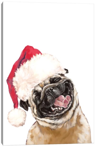 Christmas Laughing Pug Canvas Art Print - Christmas Animal Art