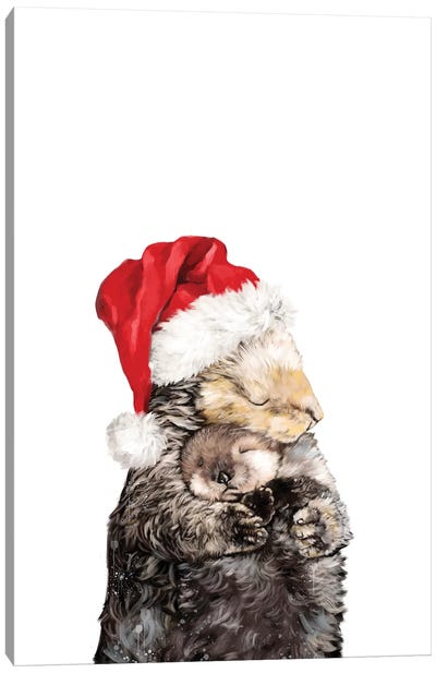 Christmas Otter Mother And Child Canvas Art Print - Christmas Animal Art