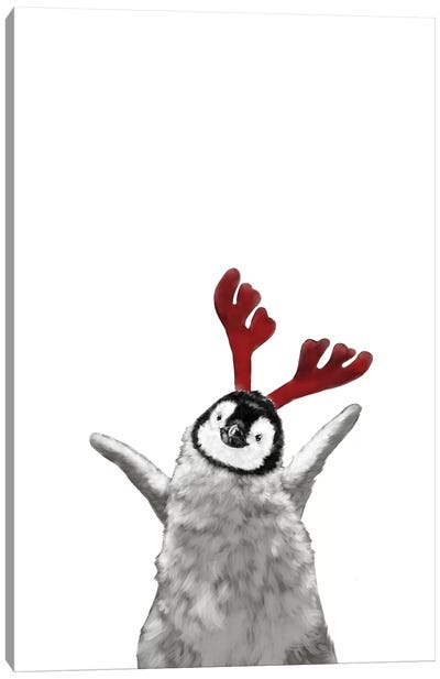 Christmas Reindeer Baby Penguin Canvas Art Print - Christmas Animal Art