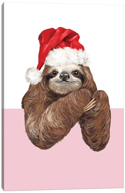 Cheerful Christmas Sloth Canvas Art Print - Christmas Animal Art