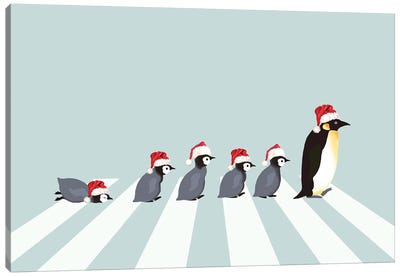 Christmas Santa Penguins The Abbey Road Canvas Art Print - Penguin Art