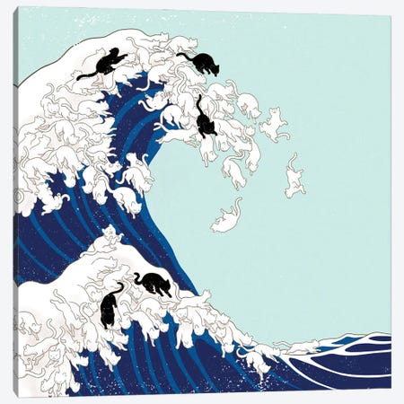Cats The Great Wave In Blue Canvas Print #BNW181} by Big Nose Work Canvas Wall Art