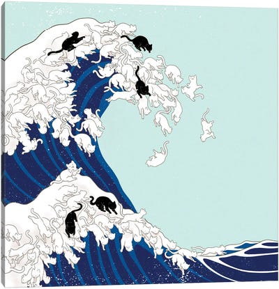 Cats The Great Wave In Blue Canvas Art Print - Big Nose Work