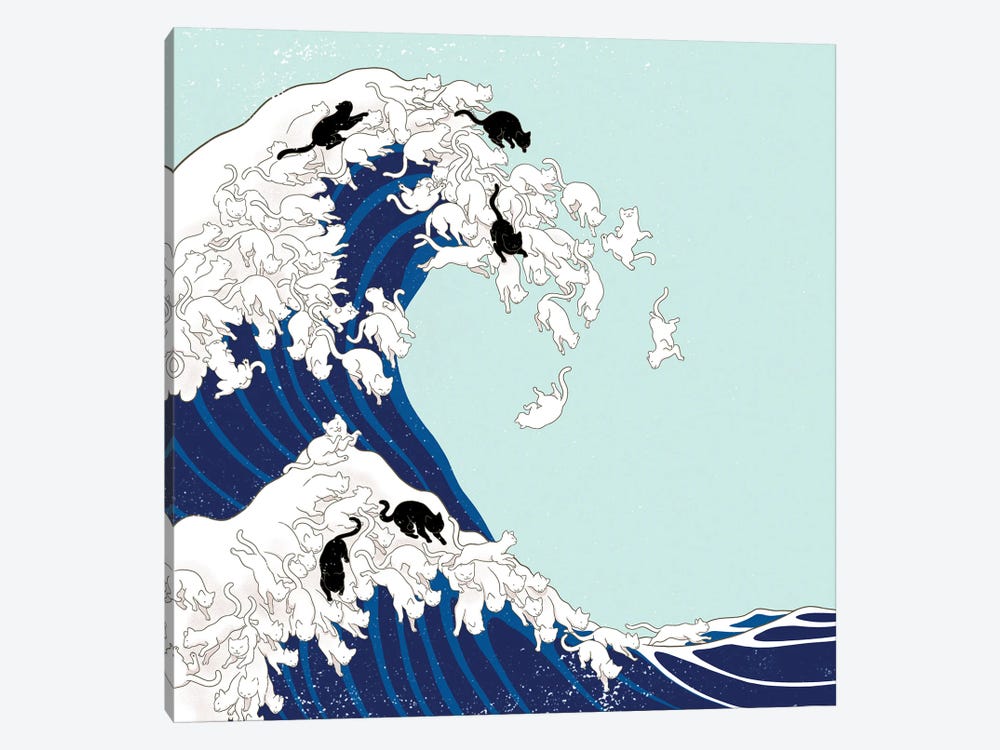 Cats The Great Wave In Blue by Big Nose Work 1-piece Canvas Art