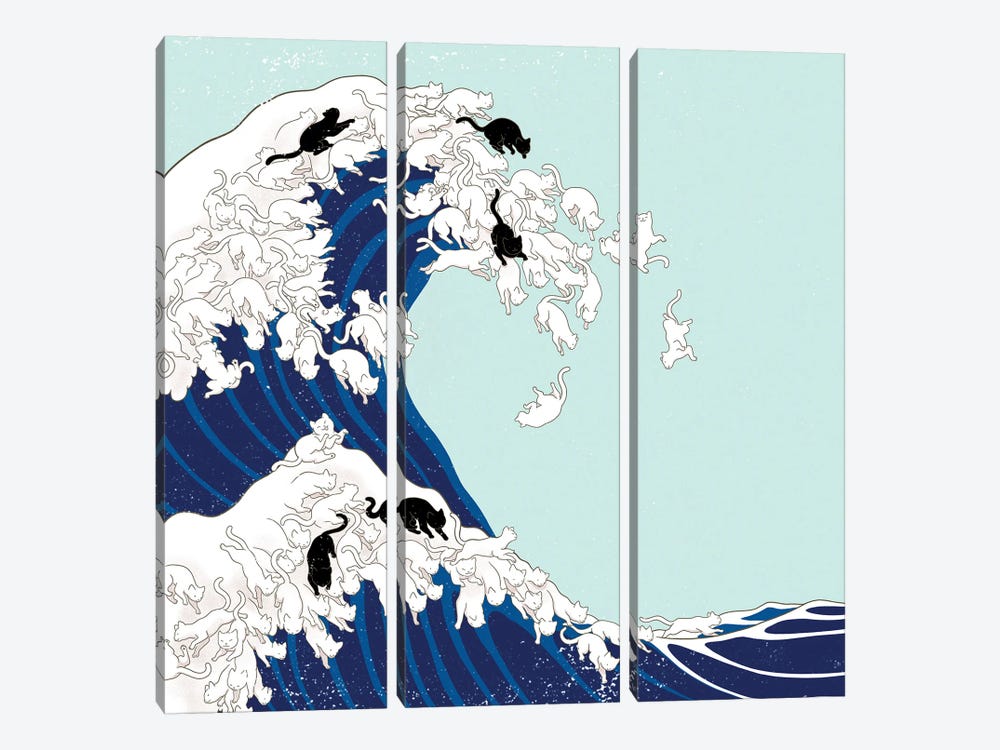 Cats The Great Wave In Blue by Big Nose Work 3-piece Canvas Art
