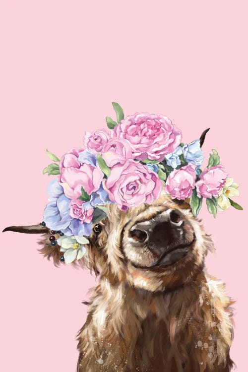 Gorgeous Highland Cow With Flower Crown In Pink by Big Nose Work wall art