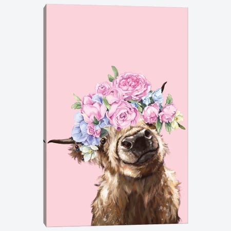 Gorgeous Highland Cow With Flower Crown In Pink Canvas Print #BNW182} by Big Nose Work Canvas Wall Art