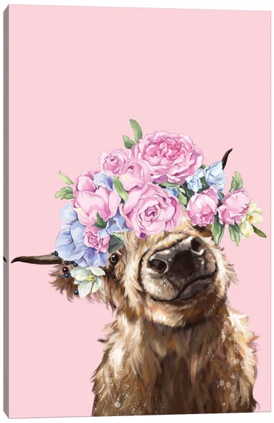 Gorgeous Highland Cow With Flower Crown In Pink Canvas Art Print
