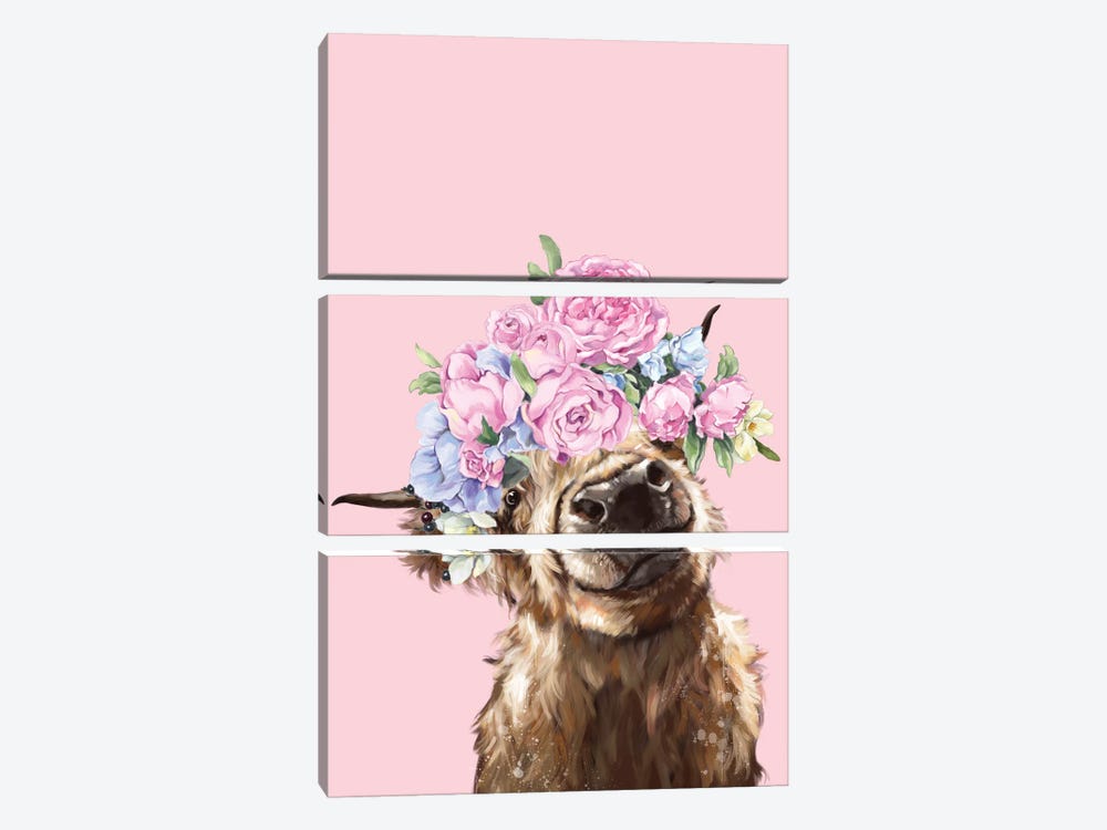 Gorgeous Highland Cow With Flower Crown In Pink by Big Nose Work 3-piece Canvas Print