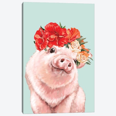Baby Pig With Hawaiian Flower Crown In Green Canvas Print #BNW183} by Big Nose Work Canvas Artwork