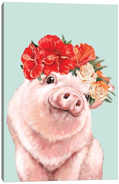 Baby Pig With Hawaiian Flower Crown In Green Canvas Art Print - Big Nose Work