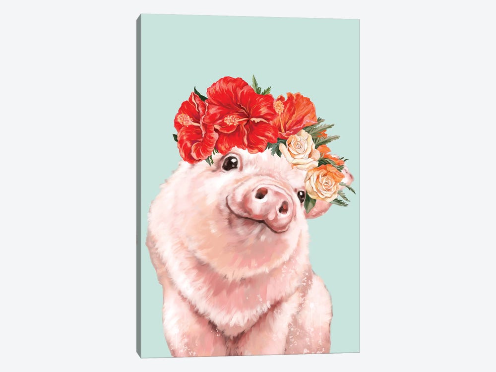 Baby Pig With Hawaiian Flower Crown In Green by Big Nose Work 1-piece Canvas Wall Art