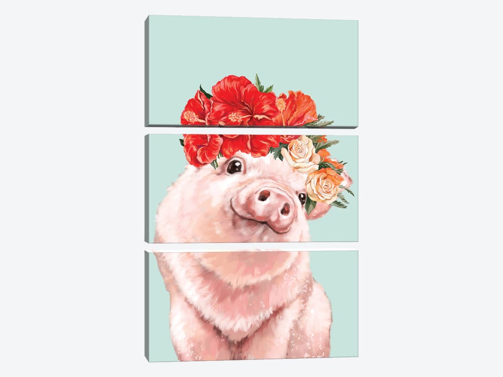 Baby Pig With Hawaiian Flower Crown In Green by Big Nose Work 3-piece Canvas Art