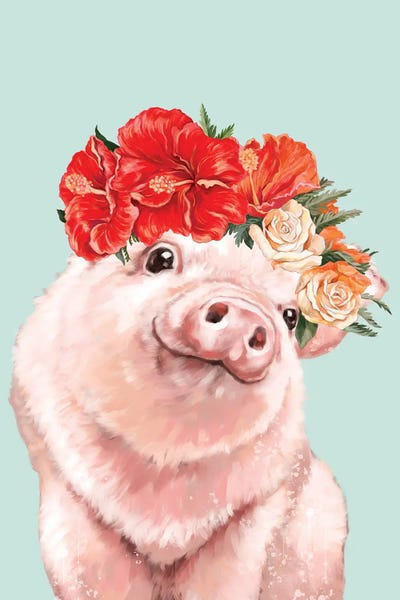 Pigs: Baby Pig With Hawaiian Flower Crown In Green by Big Nose Work