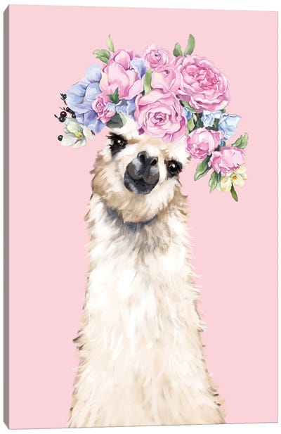 Gorgeous Llama With Flower Crown In Pink Canvas Art Print - Llama & Alpaca Art