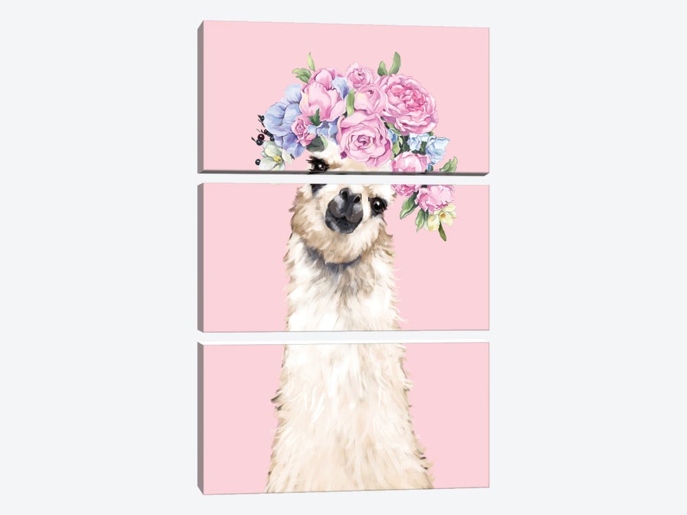 Gorgeous Llama With Flower Crown In Pink by Big Nose Work 3-piece Canvas Art Print