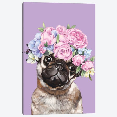 Gorgeous Pug With Flower Crown In Lilac Canvas Print #BNW185} by Big Nose Work Art Print