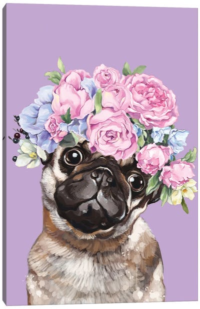 Gorgeous Pug With Flower Crown In Lilac Canvas Art Print - Pug Art