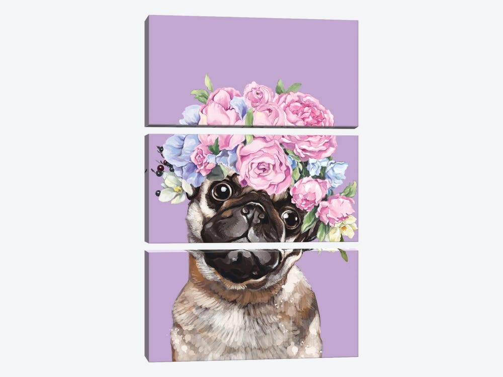 Gorgeous Pug With Flower Crown In Lilac by Big Nose Work 3-piece Canvas Art