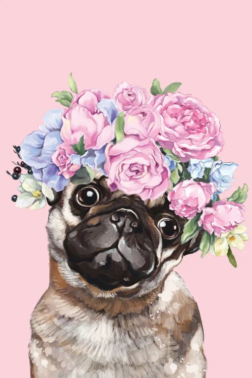 Gorgeous Pug With Flower Crown In Pi - Canvas Wall Art | Big Nose Work