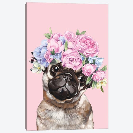 Gorgeous Pug With Flower Crown In Pink Canvas Print #BNW186} by Big Nose Work Art Print