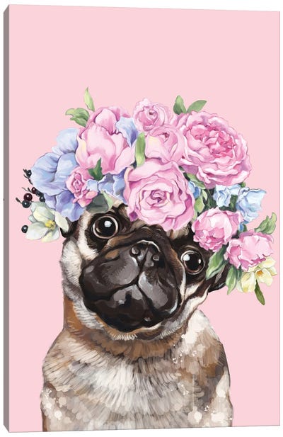 Gorgeous Pug With Flower Crown In Pink Canvas Art Print - Big Nose Work