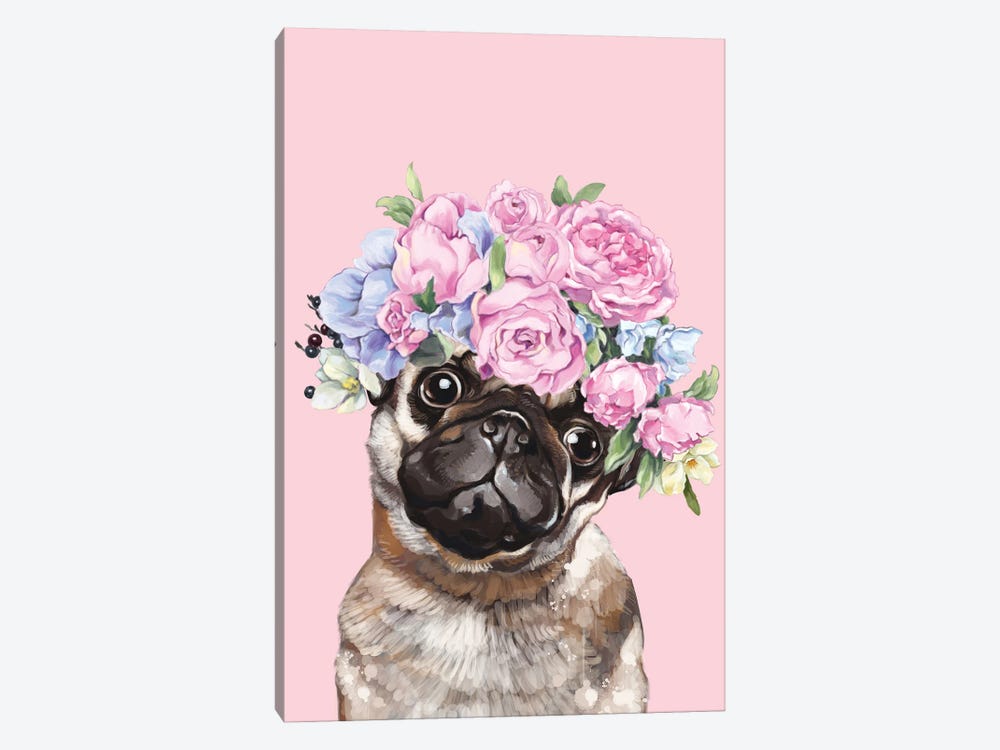 Gorgeous Pug With Flower Crown In Pink by Big Nose Work 1-piece Canvas Print