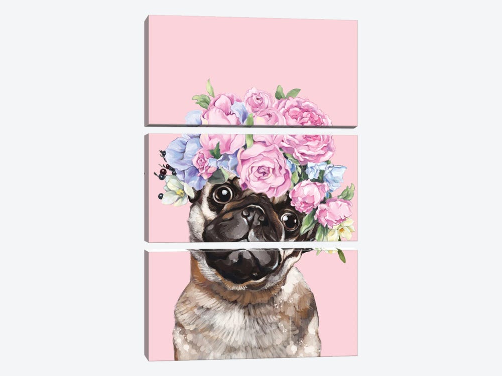 Gorgeous Pug With Flower Crown In Pink by Big Nose Work 3-piece Canvas Print