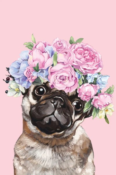 Pugs: Gorgeous Pug With Flower Crown In Pink by Big Nose Work