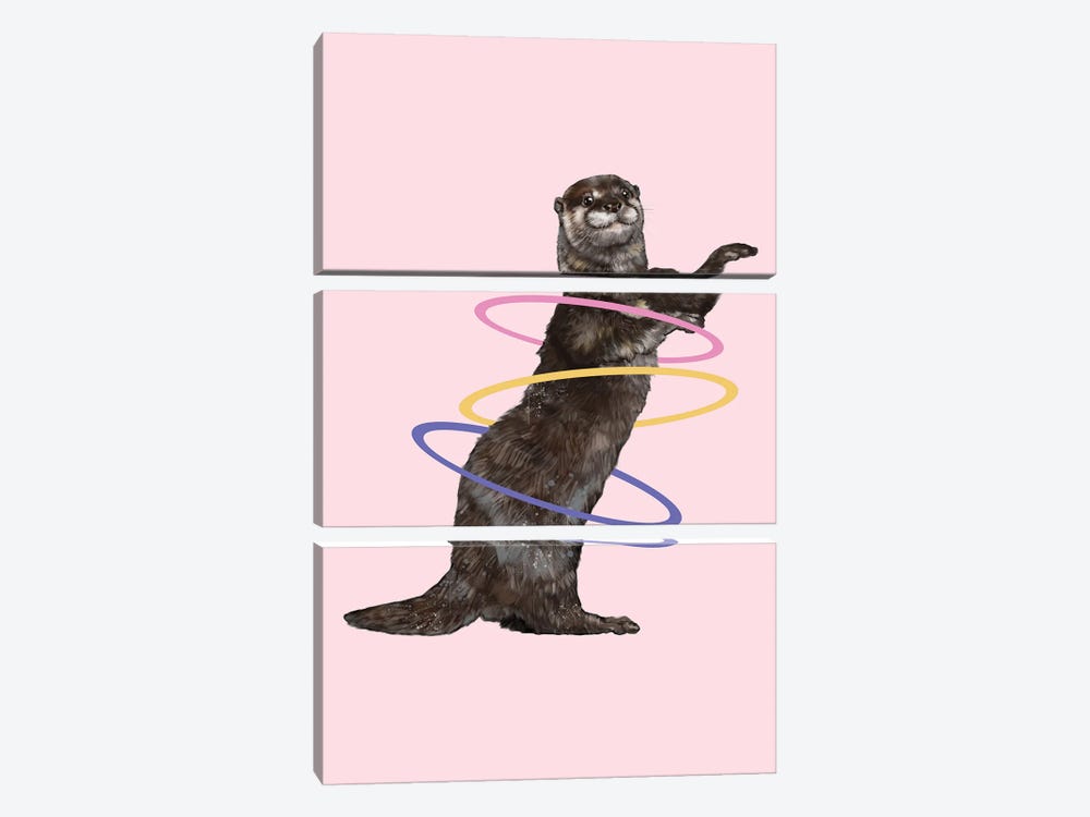 Hula Hooping Otter In Pink by Big Nose Work 3-piece Canvas Wall Art