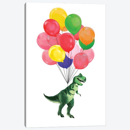 Let's Fly T-Rex With Colourful Balloons Canvas Print #BNW188} by Big Nose Work Canvas Wall Art