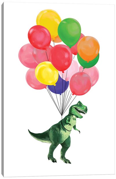 Let's Fly T-Rex With Colourful Balloons Canvas Art Print - Prehistoric Animal Art