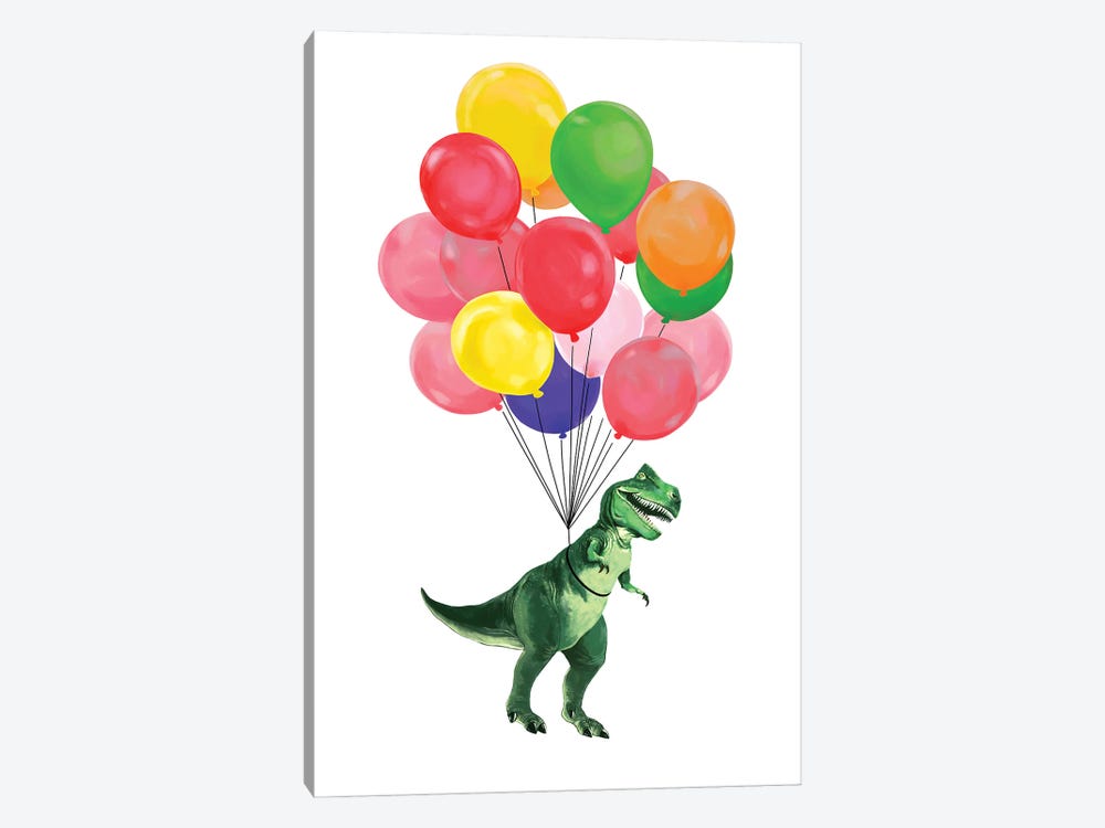 Let's Fly T-Rex With Colourful Balloons by Big Nose Work 1-piece Canvas Art Print