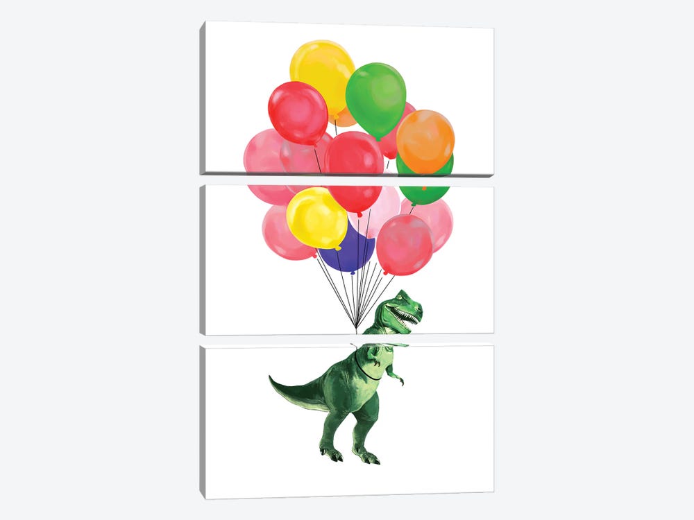 Let's Fly T-Rex With Colourful Balloons by Big Nose Work 3-piece Canvas Art Print