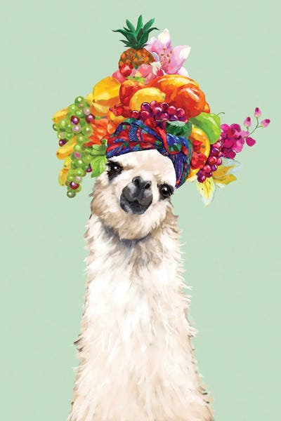 Llama With Fruits Flower Crown In Green by Big Nose Work canvas print