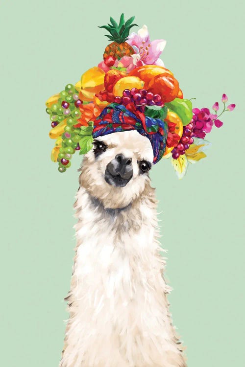 Llama With Fruits Flower Crown In Green by Big Nose Work wall art