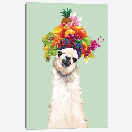 Llama With Fruits Flower Crown In Green Canvas Print #BNW190} by Big Nose Work Canvas Print