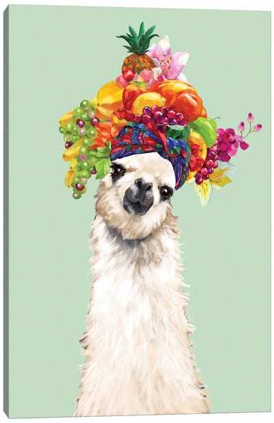 Llama With Fruits Flower Crown In Green Canvas Art Print - Big Nose Work